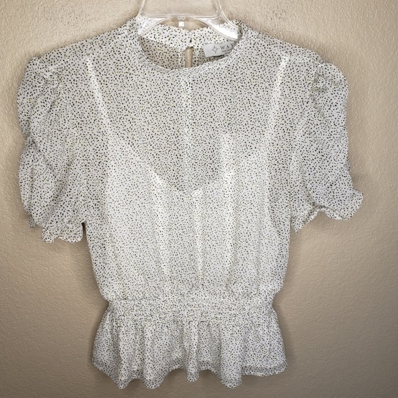 NWT Wayf Puff Sleeve High Neck Top. Short Sleeve. Size Small. Dot Print. Sheer. - Picture 7 of 12